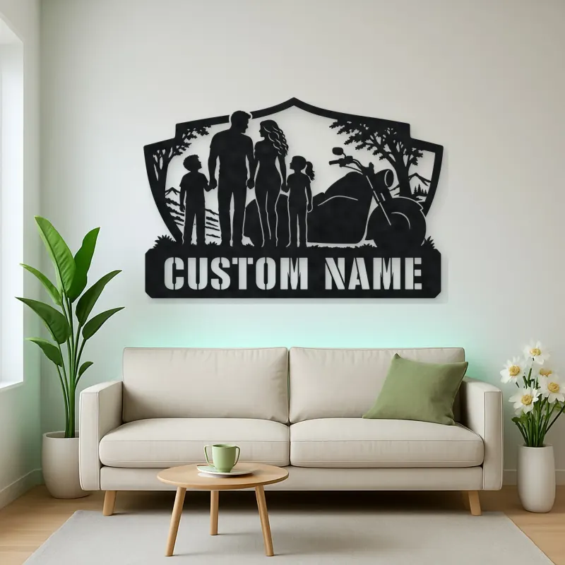 Personalized Family of Four Motorcycle Landscape Metal Wall Art