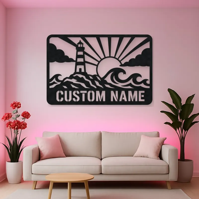 Personalized Lighthouse Metal Wall Art with Ocean Waves