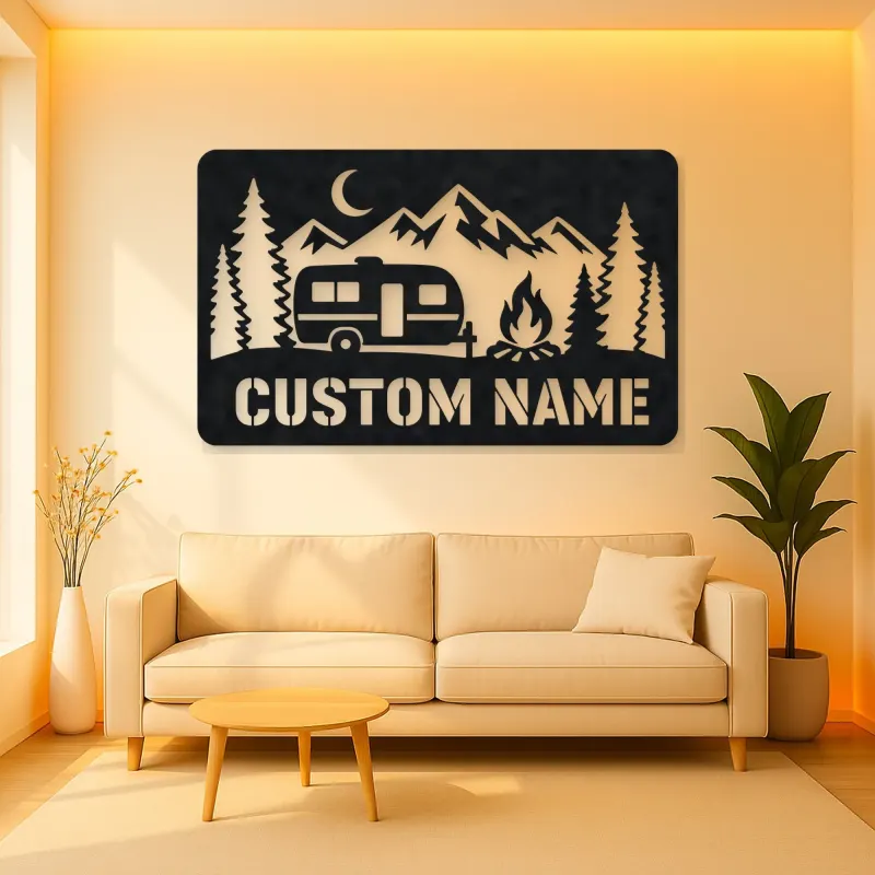 Personalized Travel Trailer Metal Wall Art with Campfire