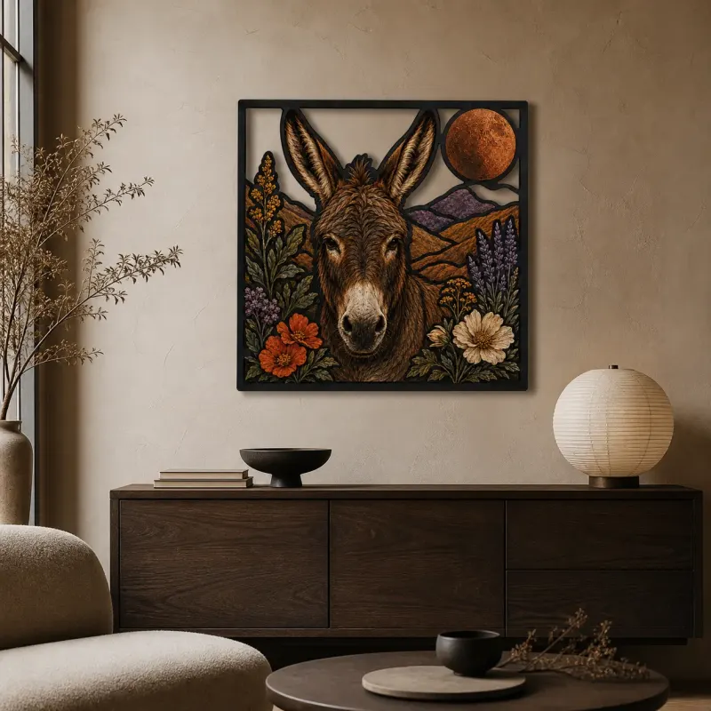 Donkey with Mountain Wildflowers and Copper Moon Colorful Metal Wall Art