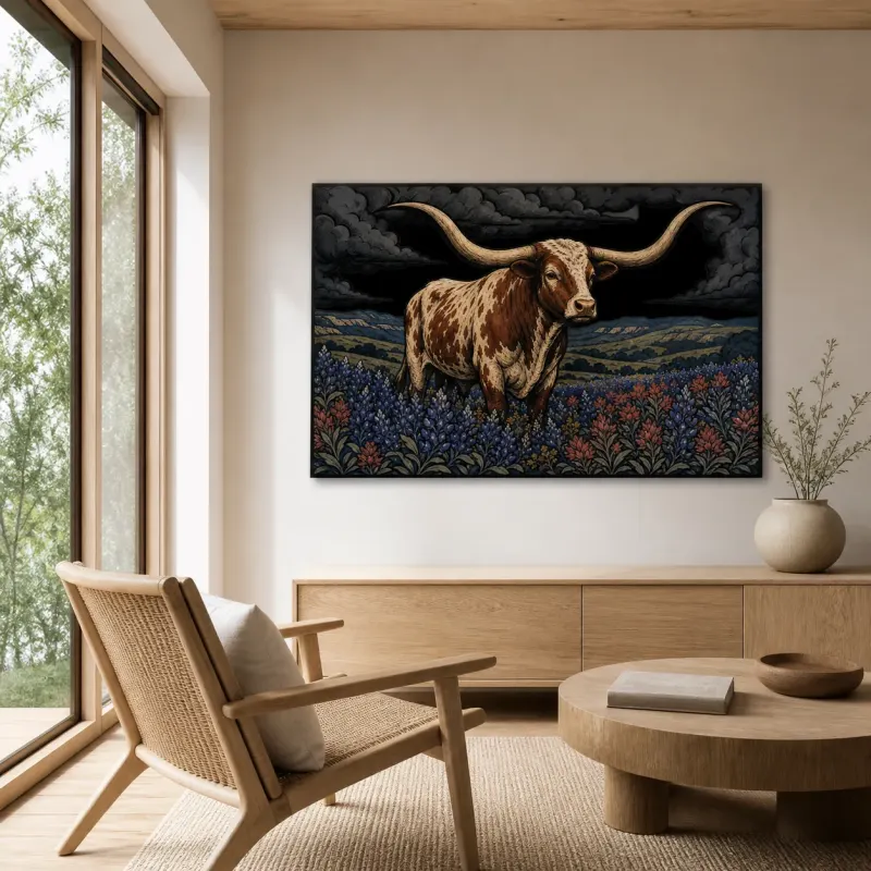 Texas Longhorn in Bluebonnet Field beneath Storm Clouds Colorful Metal Wall Art