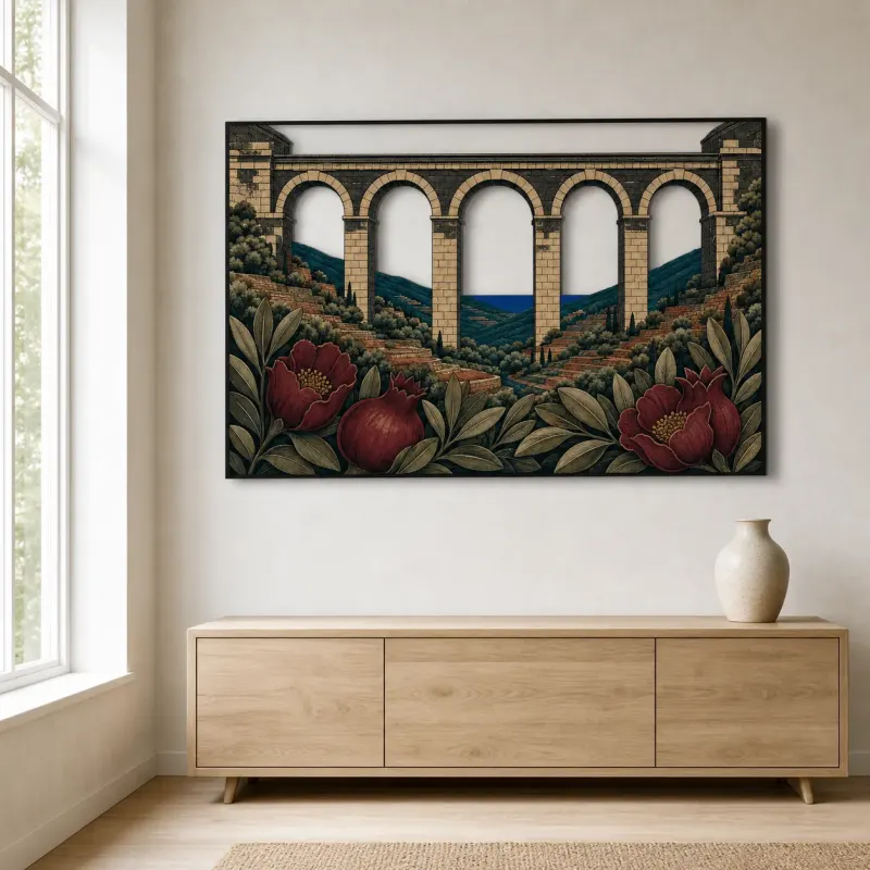 Historic Stone Aqueduct with Peonies and Mountain View Colorful Metal Wall Art