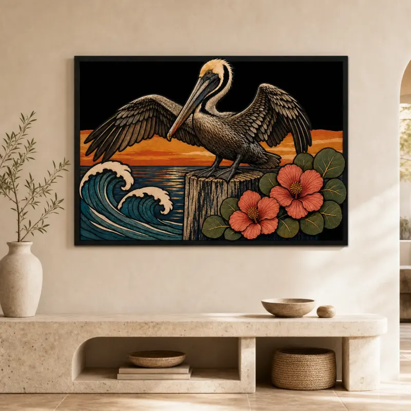 Pelican by Ocean Waves with Hibiscus Flowers Colorful Metal Wall Art