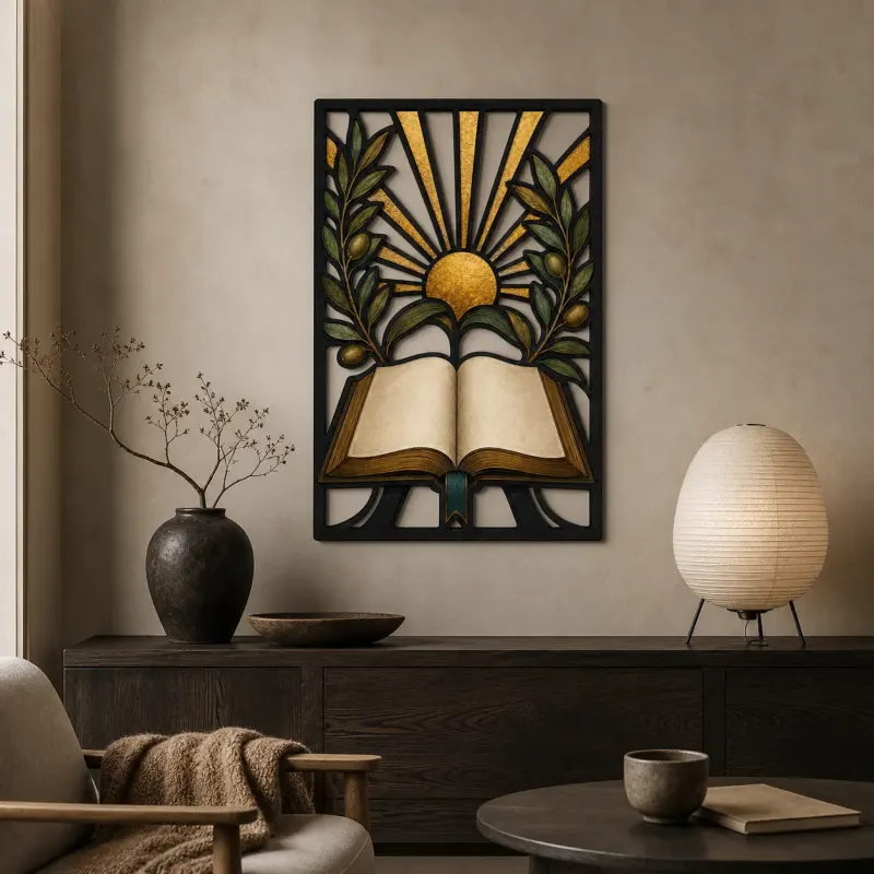 Open Bible with Olive Branches and Radiant Sun Colorful Metal Wall Art