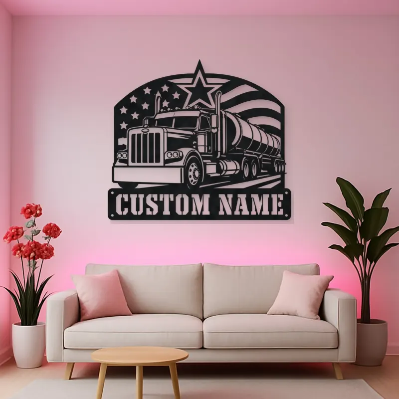 Personalized Tanker Semi Truck American Flag Metal Wall Art