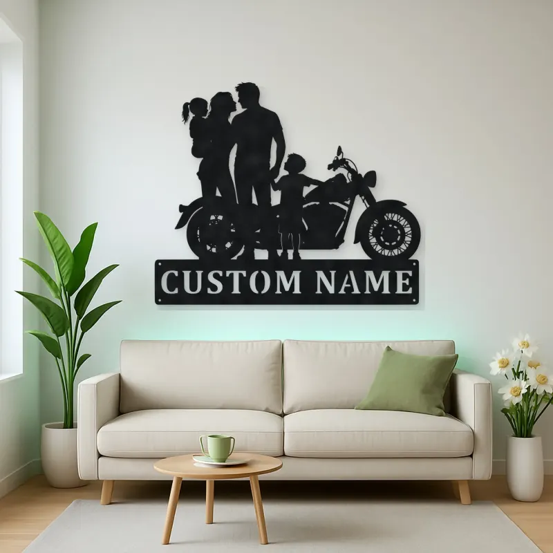 Personalized Classic Motorcycle Family with Toddler Metal Wall Art