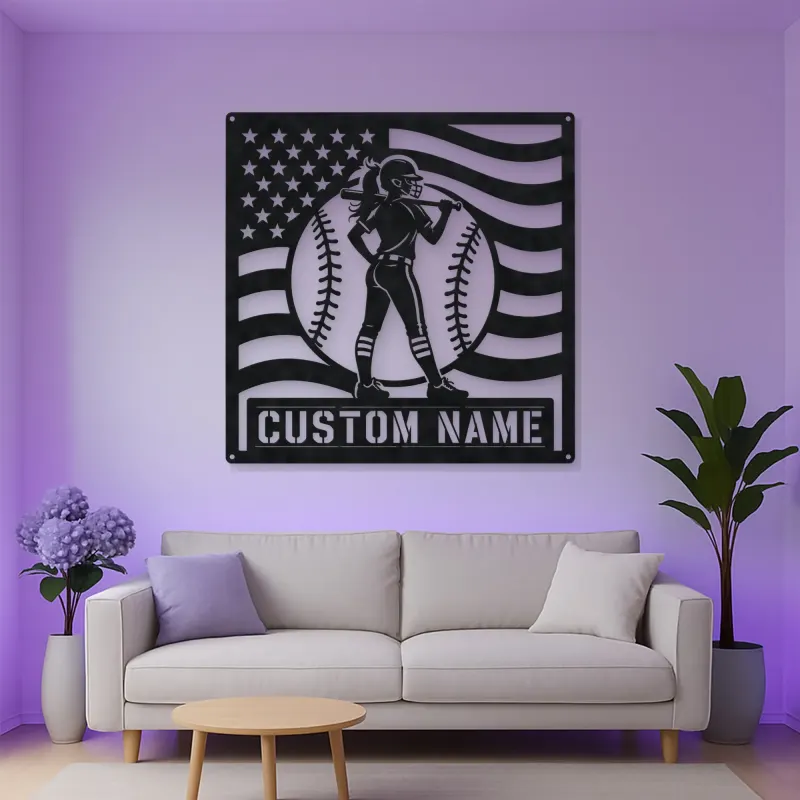 Personalized Female Softball Player Bat on Shoulder Metal Wall Art