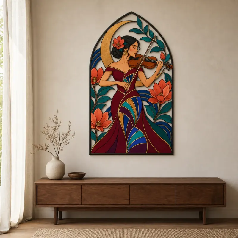 Donna Violinista con Fiori e Luna Crescente Insegna in Metallo Colorata