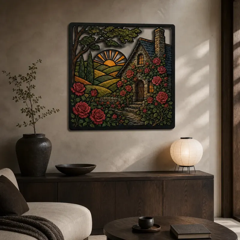 Stone Cottage Covered in Climbing Red Roses Colorful Metal Wall Art