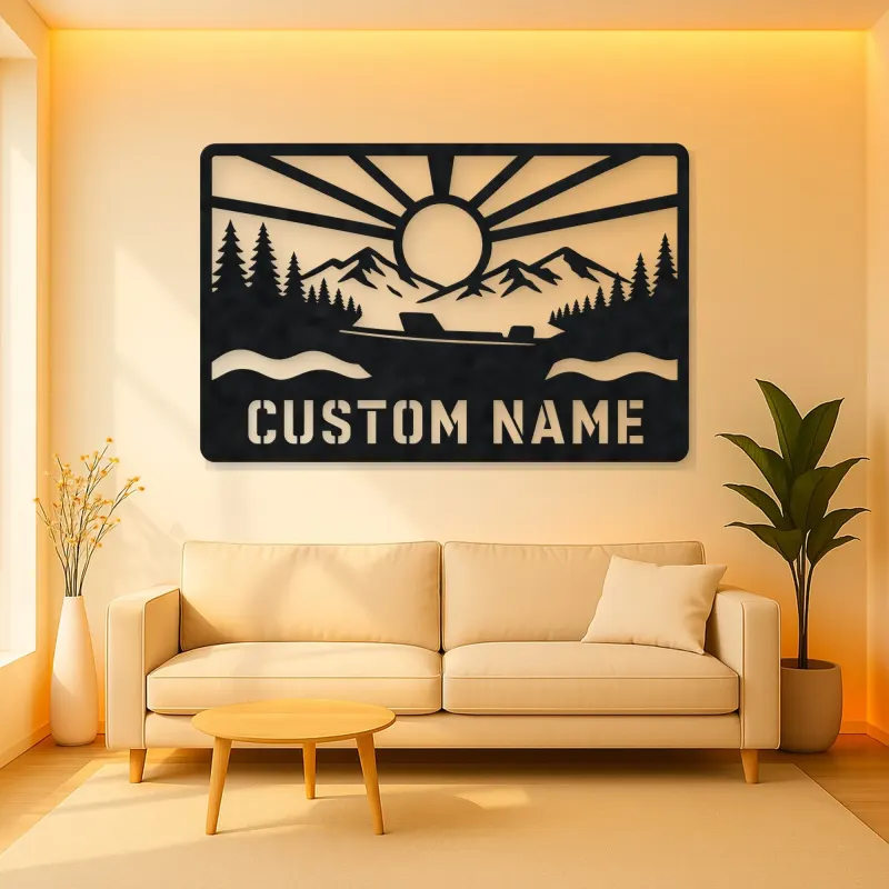 Personalized Speedboat Metal Wall Art with Mountain Lake