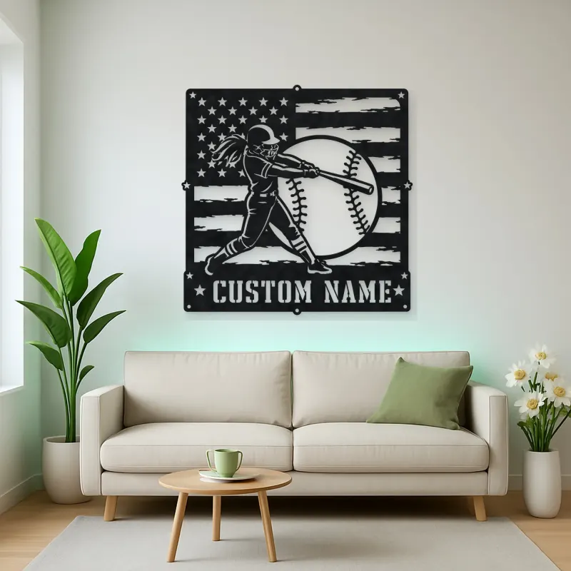 Personalized Softball Batter Distressed American Flag Metal Wall Art