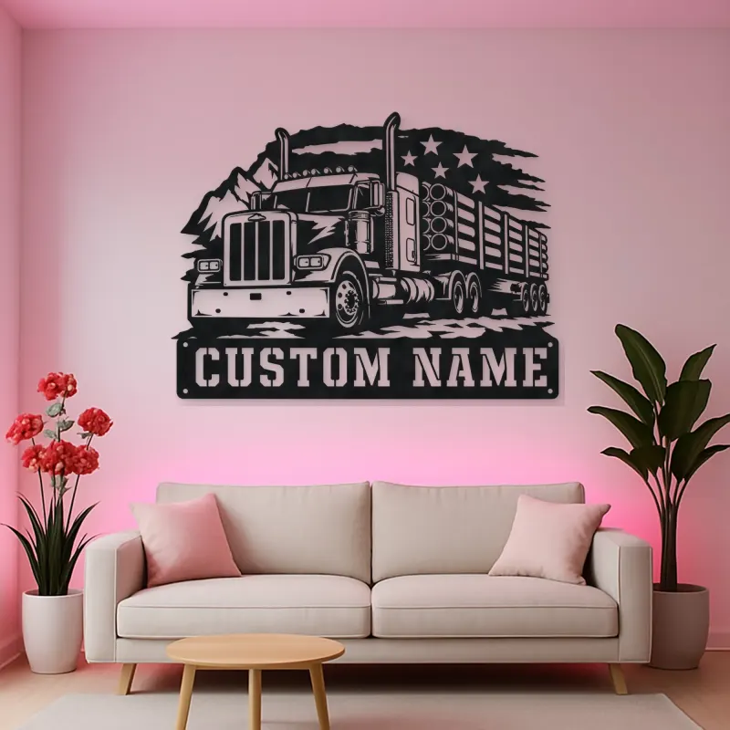 Personalized Logging Semi Truck Patriotic Mountain Metal Wall Art