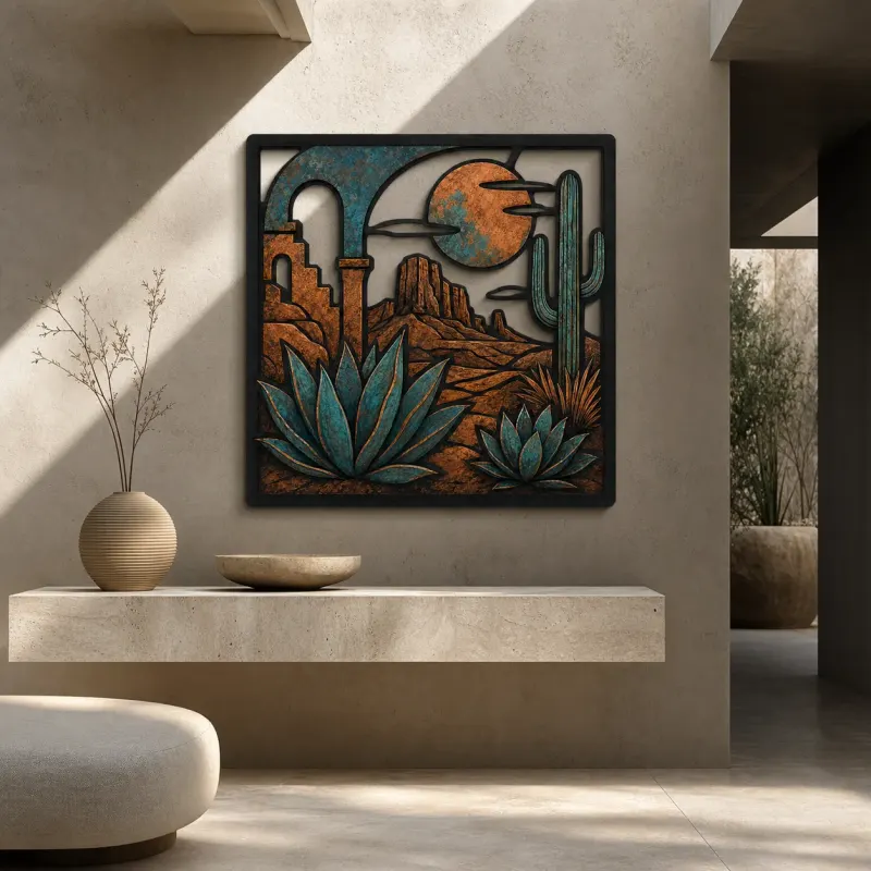 Mid Century Desert Arch with Agave and Cactus Colorful Metal Wall Art