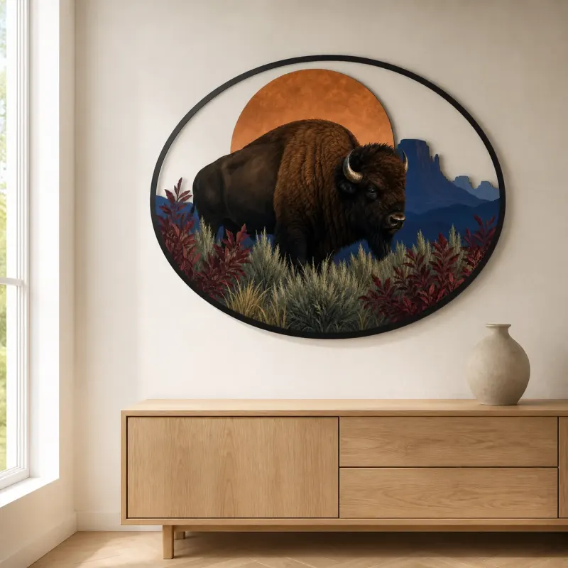 Bison in Desert Landscape beneath Copper Sun Colorful Metal Wall Art