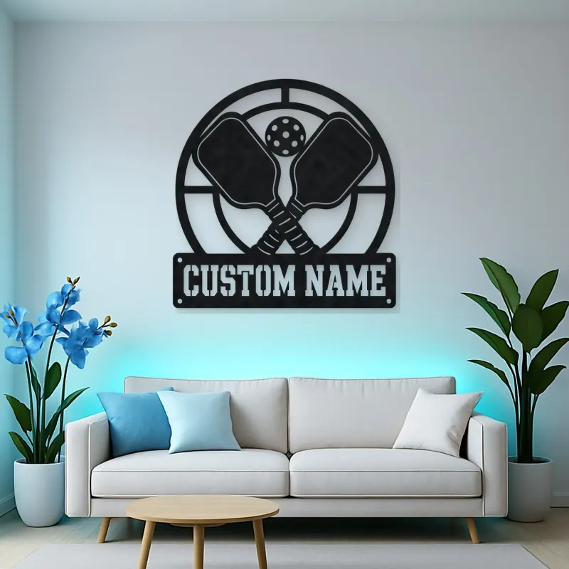Personalized Pickleball Paddle Metal Wall Art with Court Lines