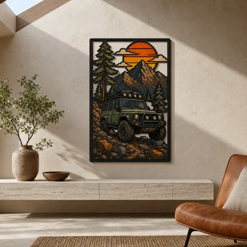 Classic Off Road Truck in Mountain Forest Colorful Metal Wall Art
