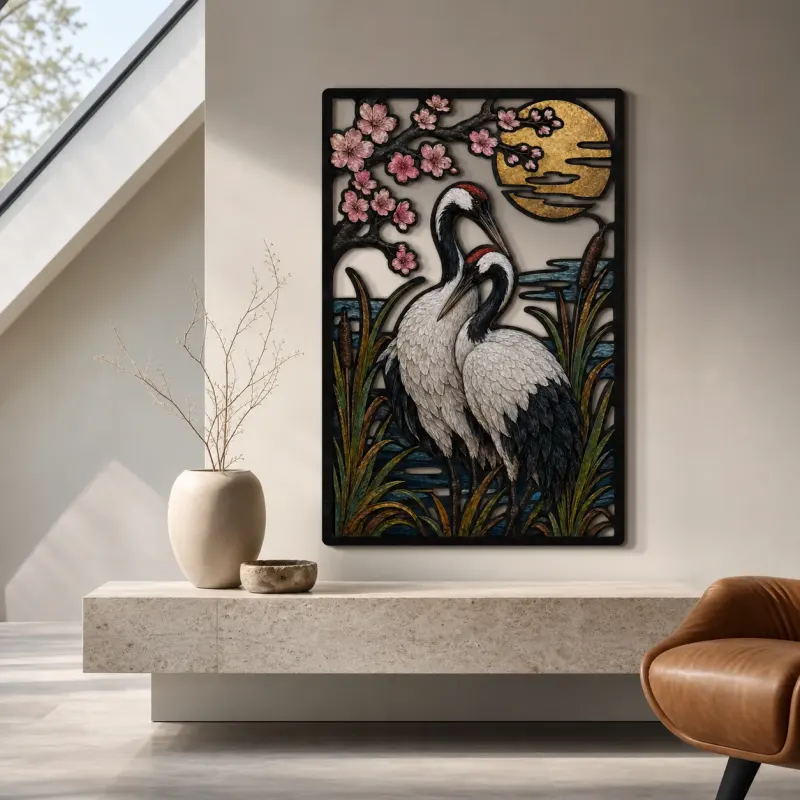 Japanese Crane beneath Cherry Blossoms and Moon Colorful Metal Wall Art