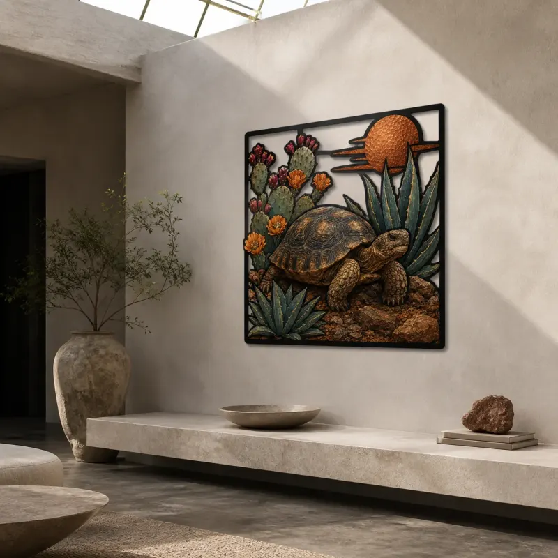 Desert Tortoise among Agave and Cactus Flowers Colorful Metal Wall Art