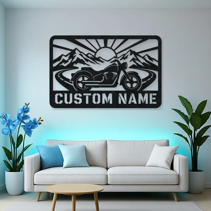 Personalized Cruiser Motorcycle Metal Wall Art with Mountain Road