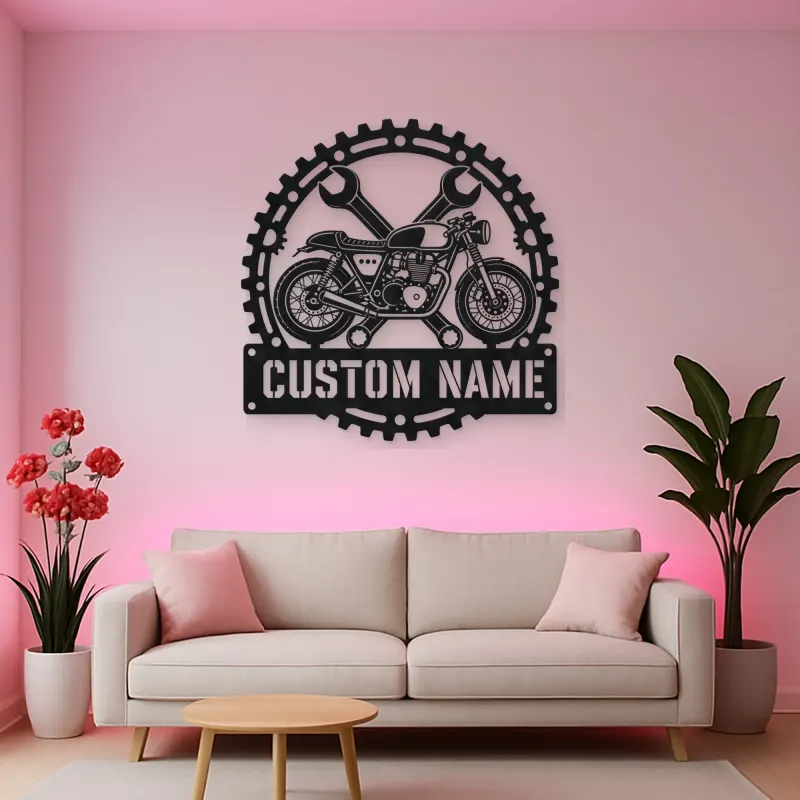 Personalized Cafe Racer Motorcycle Wrench Gear Metal Wall Art