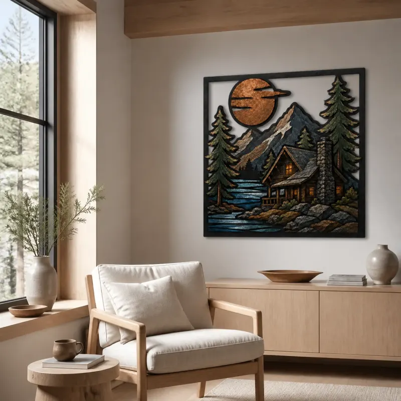 Mountain Lake Cabin beneath Full Moon Colorful Metal Wall Art