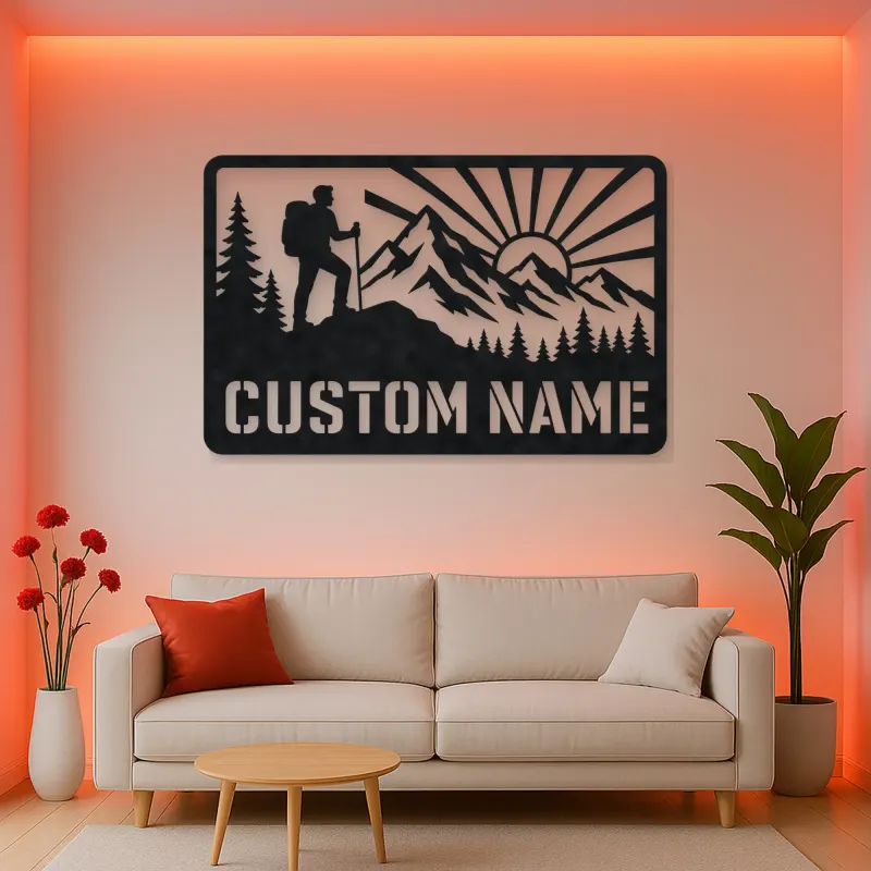 Personalized Mountain Hiker Metal Wall Art with Sunrise