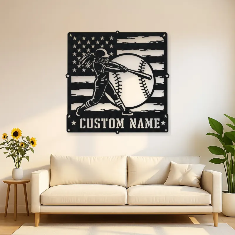 Personalized Softball Batter Distressed American Flag Metal Wall Art