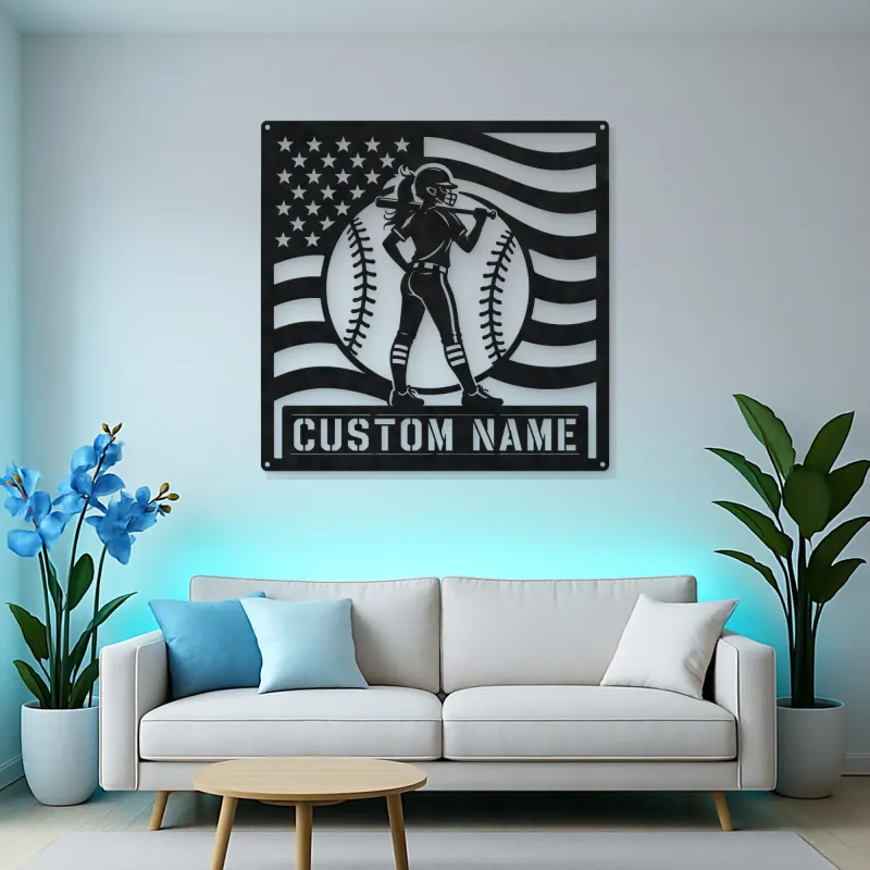 Personalized Female Softball Player Bat on Shoulder Metal Wall Art