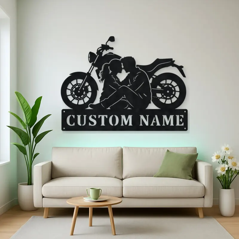 Personalized Seated Couple and Motorcycle Metal Wall Art