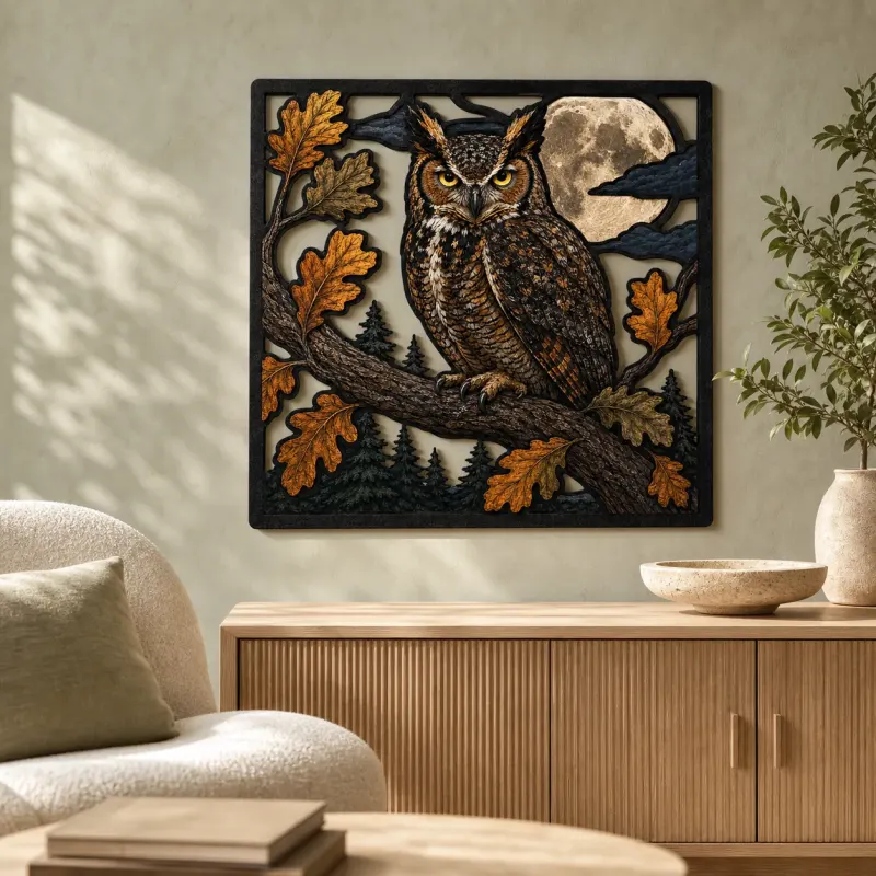 Great Horned Owl with Oak Leaves and Moon Colorful Metal Wall Art