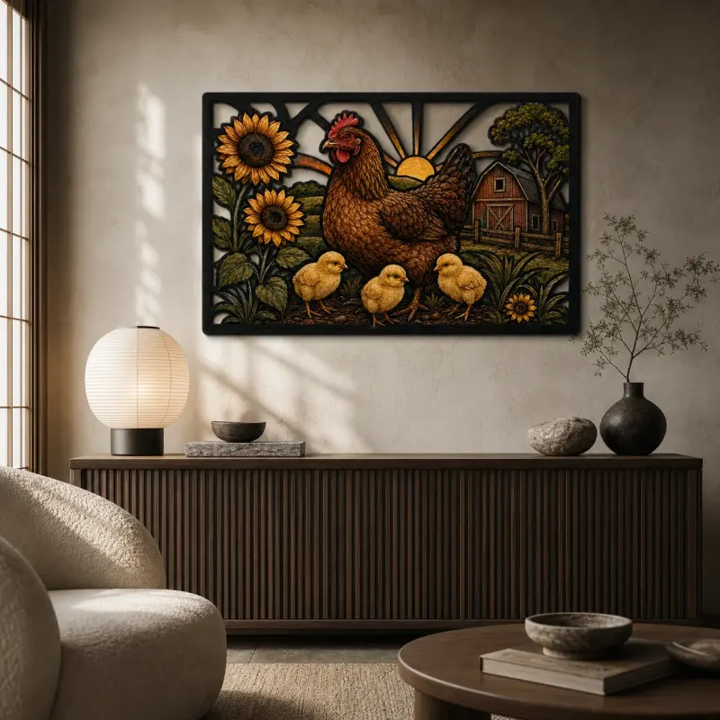 Hen and Chicks with Sunflowers by Barn Colorful Metal Wall Art