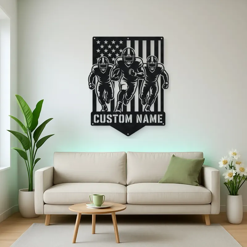 Personalized Three Football Players Flag Metal Wall Art