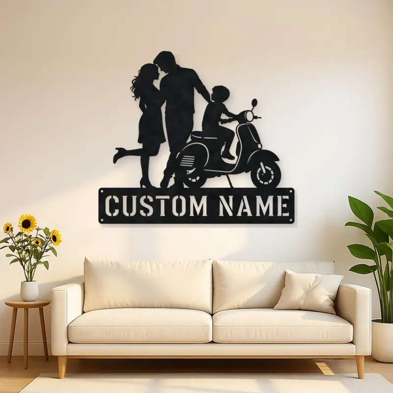 Personalized Scooter Family with Young Rider Metal Wall Art