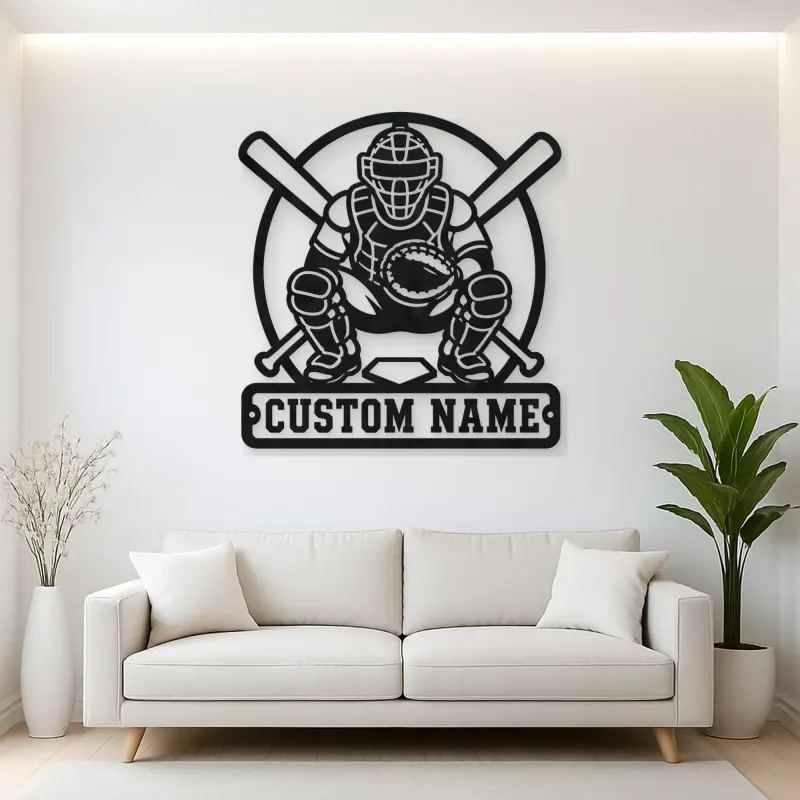 Personalized Baseball Catcher Crossed Bats Metal Wall Art