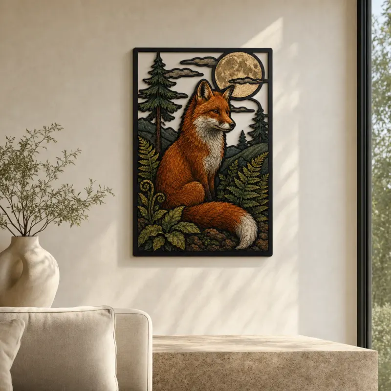 Red Fox in Pine Forest under Full Moon Colorful Metal Wall Art