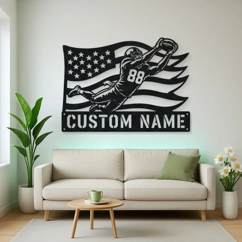 Personalized Number 88 Diving Receiver American Flag Metal Wall Art