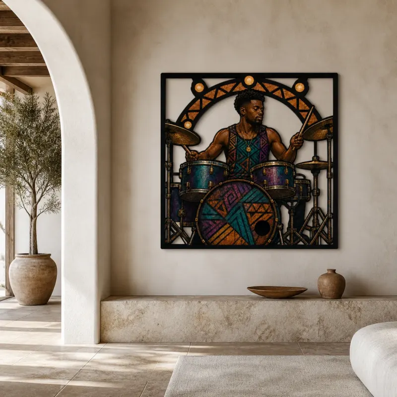 Black Drummer Performing in Colorful Art Deco Style Metal Wall Decor