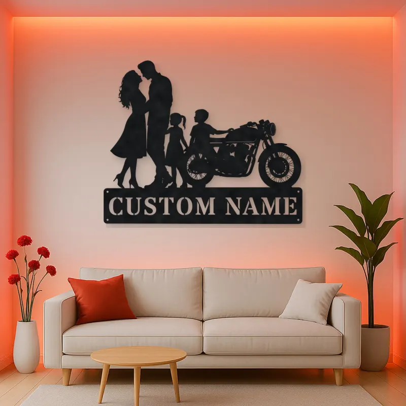 Personalized Classic Motorcycle Family of Four Metal Wall Art