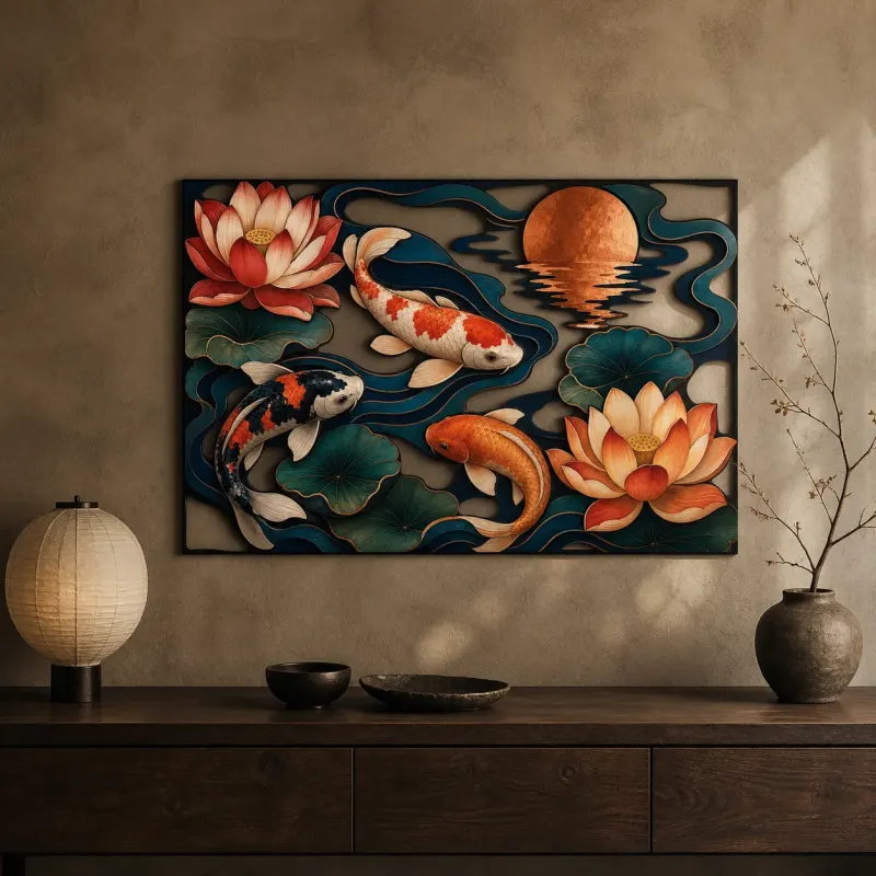 Colorful Koi Pond with Lotus Flowers and Moon Metal Wall Art