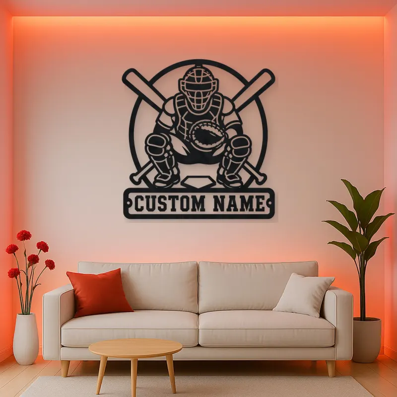 Personalized Baseball Catcher Crossed Bats Metal Wall Art