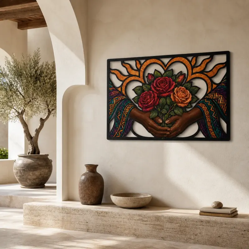 Hands Holding Rose Bouquet inside Heart Colorful Metal Wall Art