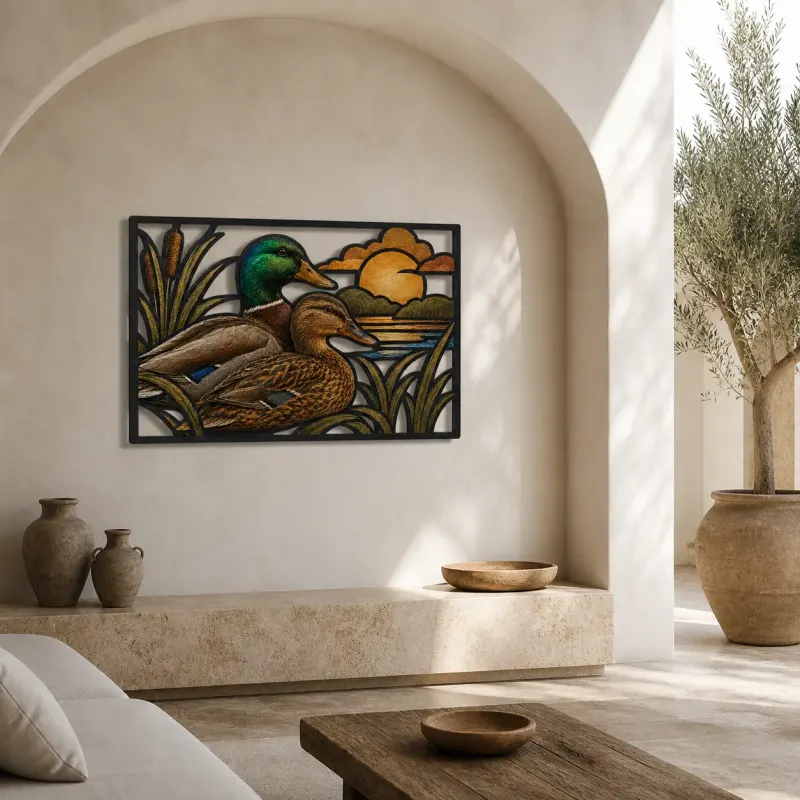Mallard Duck Pair over Peaceful Marsh Colorful Metal Wall Art