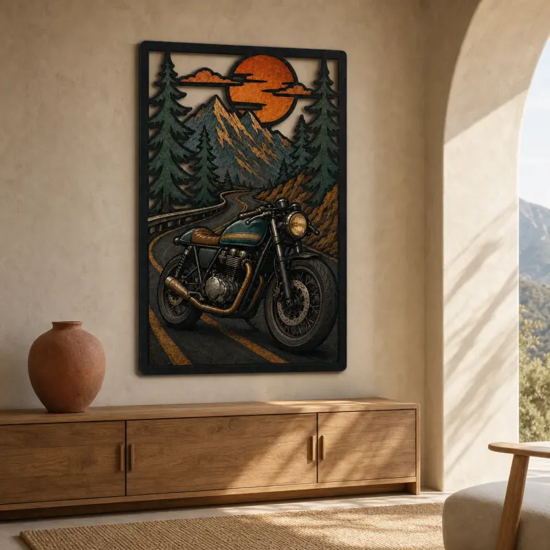 Classic Motorcycle on Winding Mountain Road Colorful Metal Wall Art