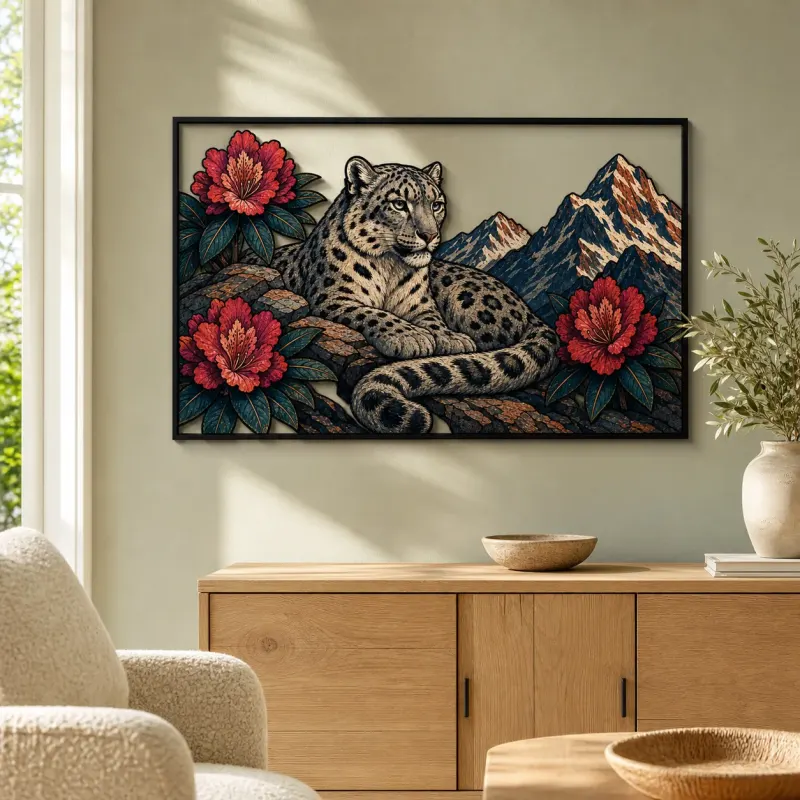 Snow Leopard with Peonies in Mountain Landscape Colorful Metal Wall Art