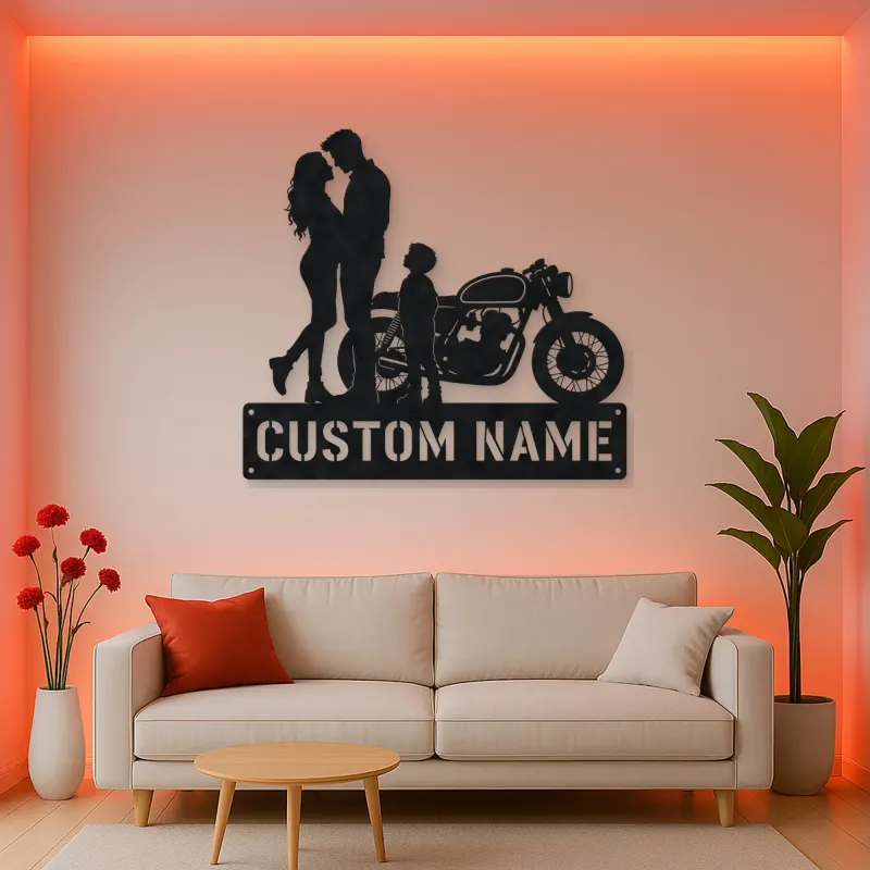 Personalized Cafe Racer Family of Three Metal Wall Art