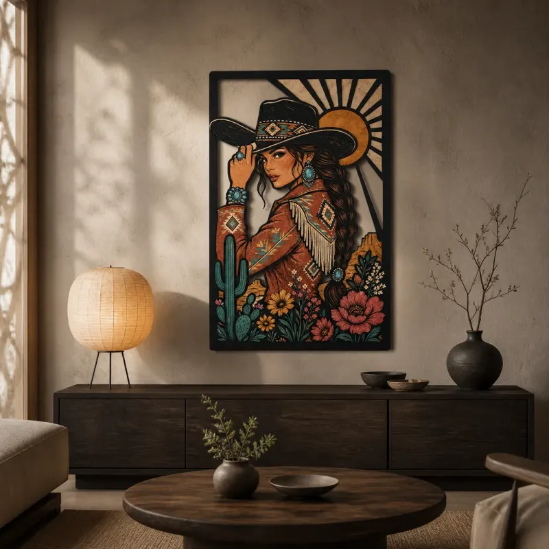 Cowgirl Portrait with Cactus and Desert Wildflowers Colorful Metal Wall Art