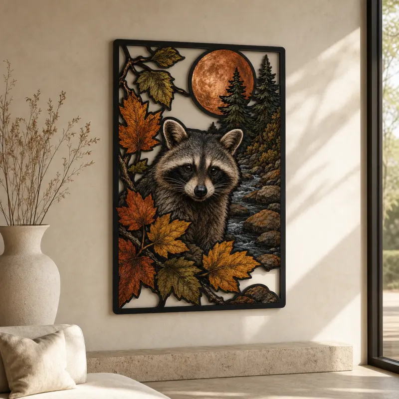 Raccoon in Autumn Forest under Copper Moon Colorful Metal Wall Art