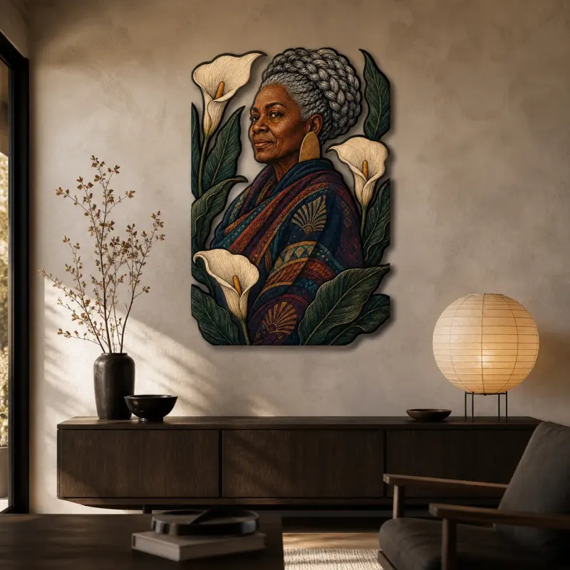 Elderly Black Woman with White Calla Lilies Colorful Metal Wall Art