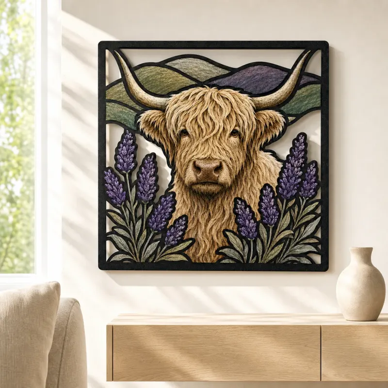 White Highland Cow with Lavender and Mountains Colorful Metal Wall Art