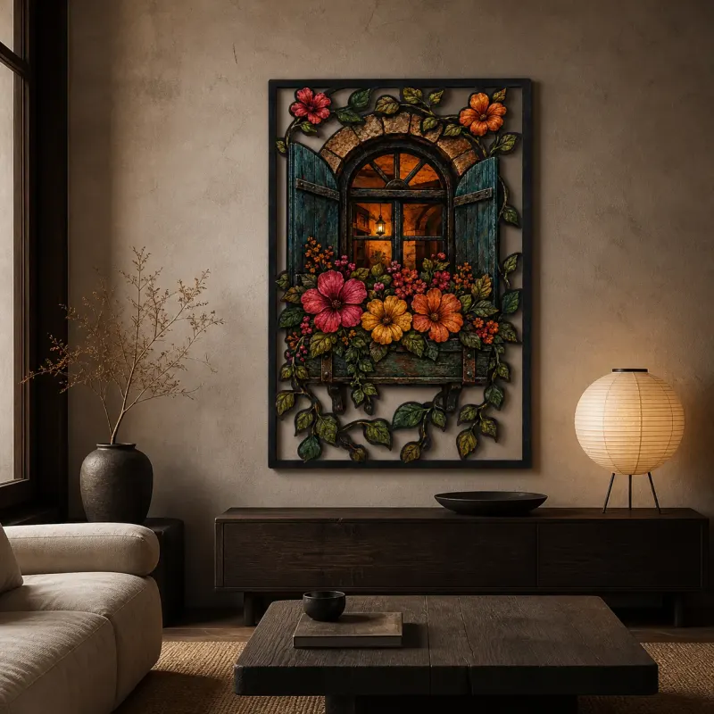 Cottage Window Box with Flowers and Lantern Colorful Metal Wall Art
